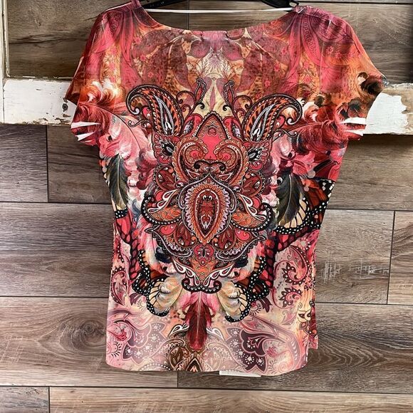 Apt 9 Ladies Short Sleeve Beaded Top, Size Medium , Rust Multicolor Paisley - Picture 6 of 7